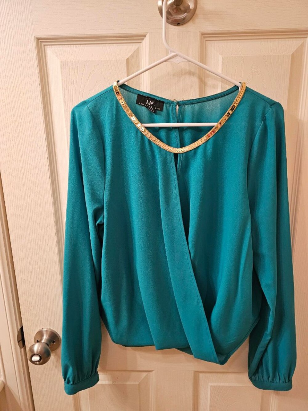 I.N. Large Teal Green Blouse w / Glitter Detail Around Neckline